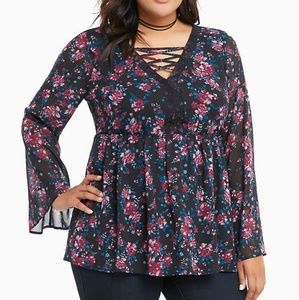 Torrid NWT Floral Lace Chiffon Babydoll Lace Up